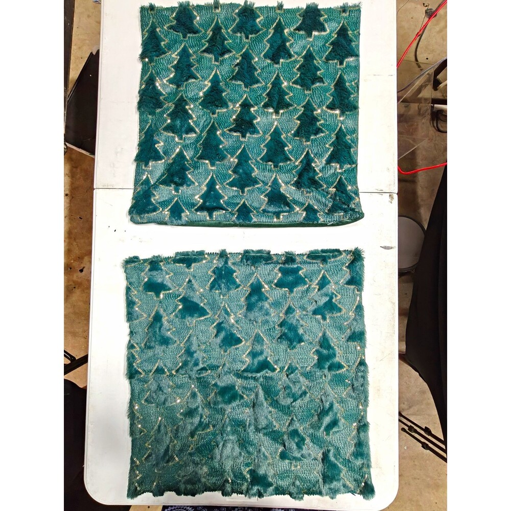 Set of 2 Green Embroidered Christmas Tree Square Fabric Placemats, Holiday